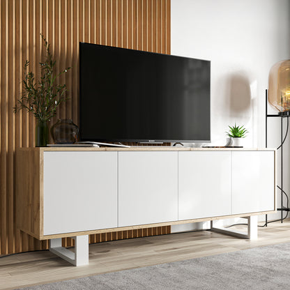 Apollo Modern TV Unit with 4-Door Design and Metal Legs – White / Oak Wotan