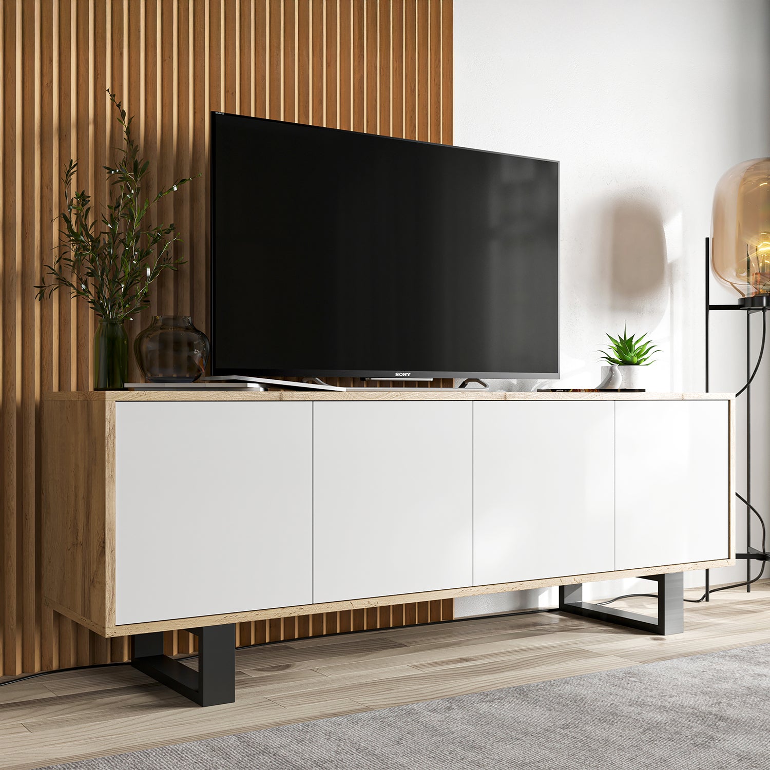 Apollo Modern TV Unit with 4-Door Design and Metal Legs – White / Oak Wotan