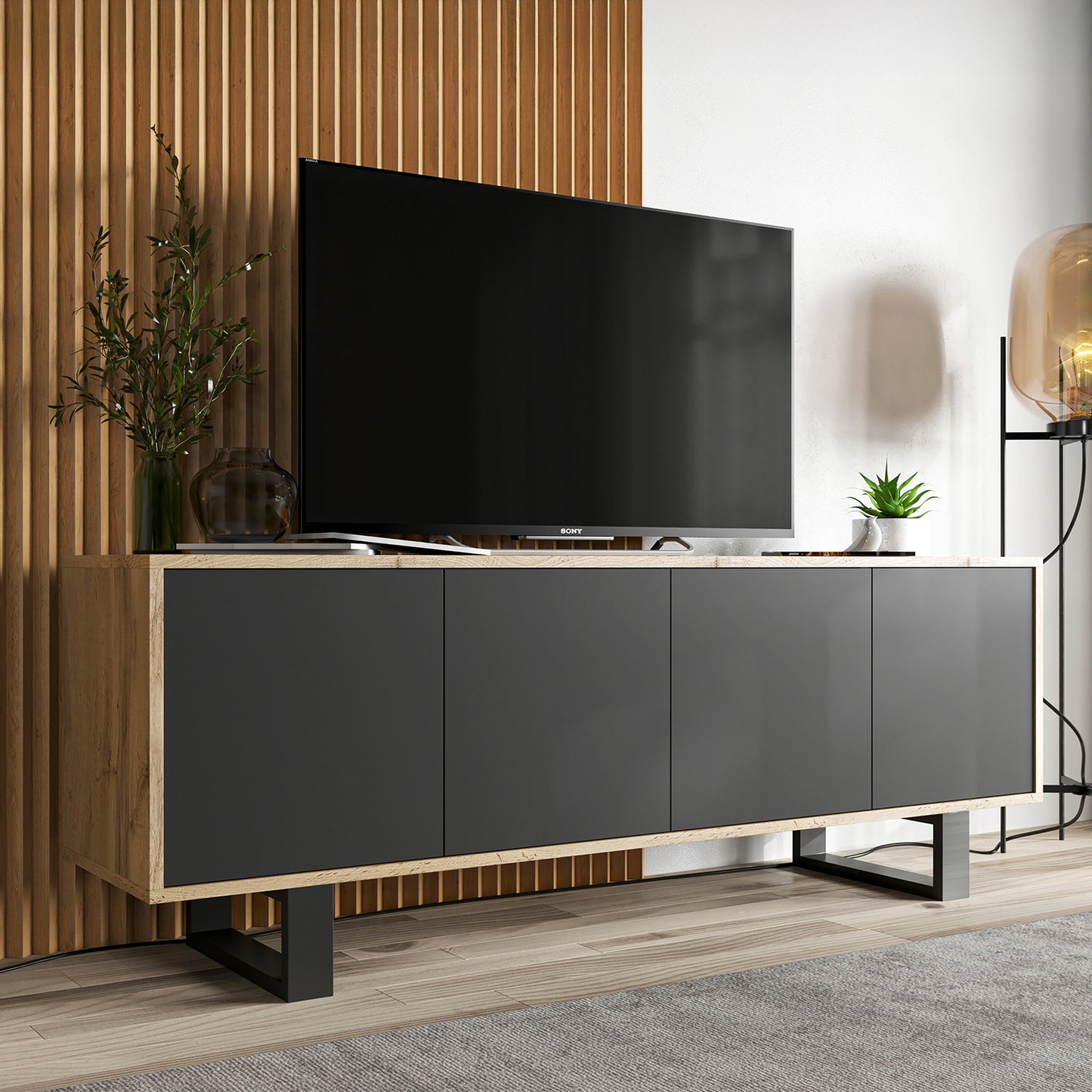 Apollo Modern TV Unit with 4-Door Design and Metal Legs – Black / Oak Wotan