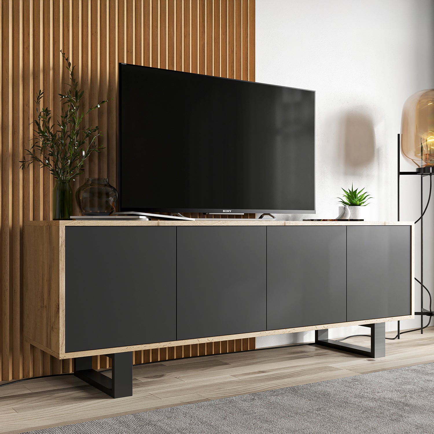 Apollo Modern TV Unit with 4-Door Design and Metal Legs – Black / Oak Wotan