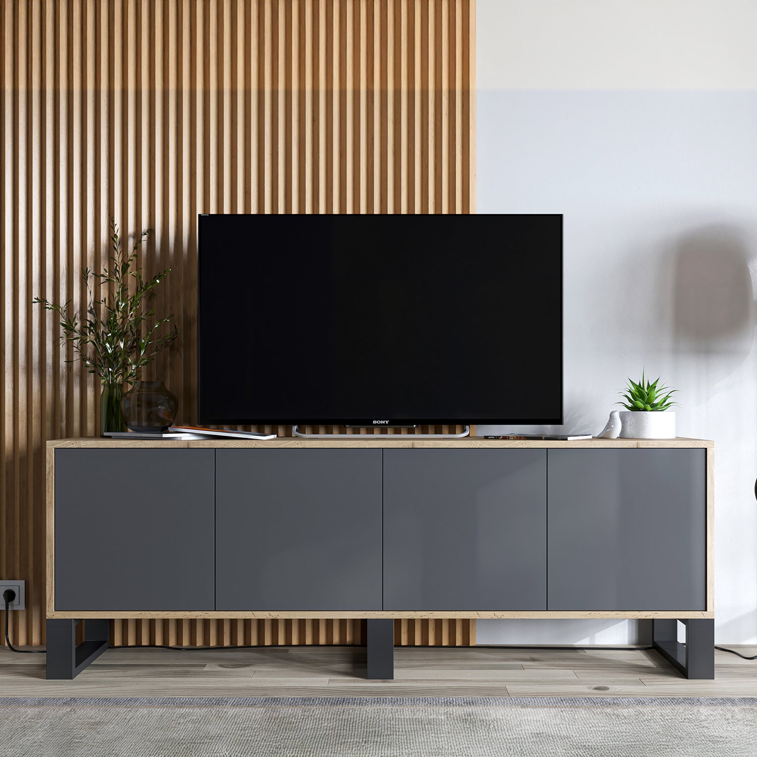 Apollo Modern TV Unit with 4-Door Design and Three Metal Legs – Grey / Oak Wotan