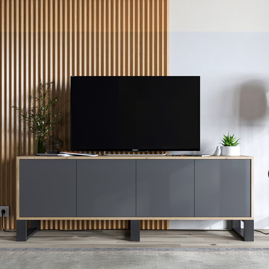 Apollo Modern TV Unit with 4-Door Design and Three Metal Legs – Grey / Oak Wotan