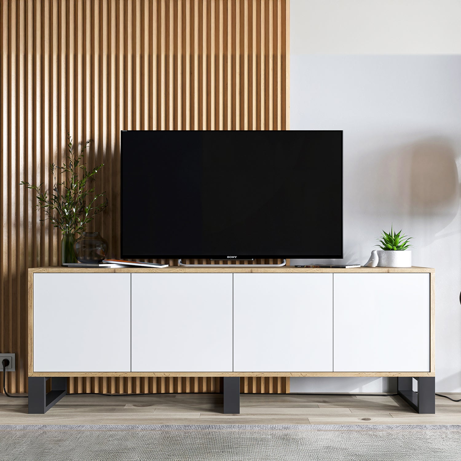 Apollo Modern TV Unit with 4-Door Design and Three Metal Legs – White / Oak Wotan
