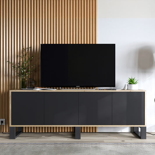 Apollo Modern TV Unit with 4-Door Design and Three Metal Legs – Black / Oak Wotan
