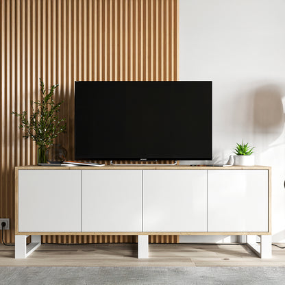 Apollo Modern TV Unit with 4-Door Design and Three Metal Legs – White / Oak Wotan