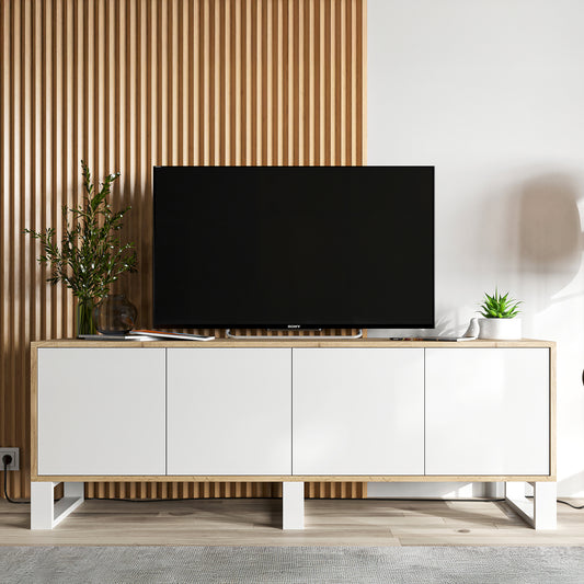 Apollo Modern TV Unit with 4-Door Design and Three Metal Legs – White / Oak Wotan