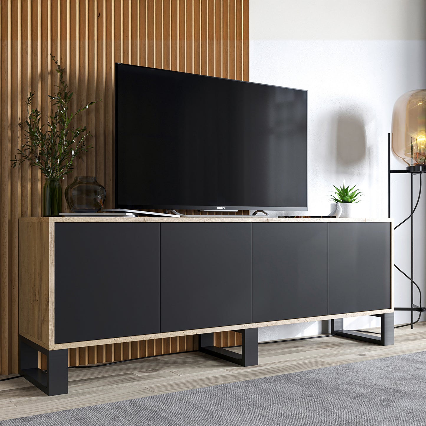 Apollo Modern TV Unit with 4-Door Design and Three Metal Legs – Black / Oak Wotan