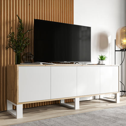 Apollo Modern TV Unit with 4-Door Design and Three Metal Legs – White / Oak Wotan