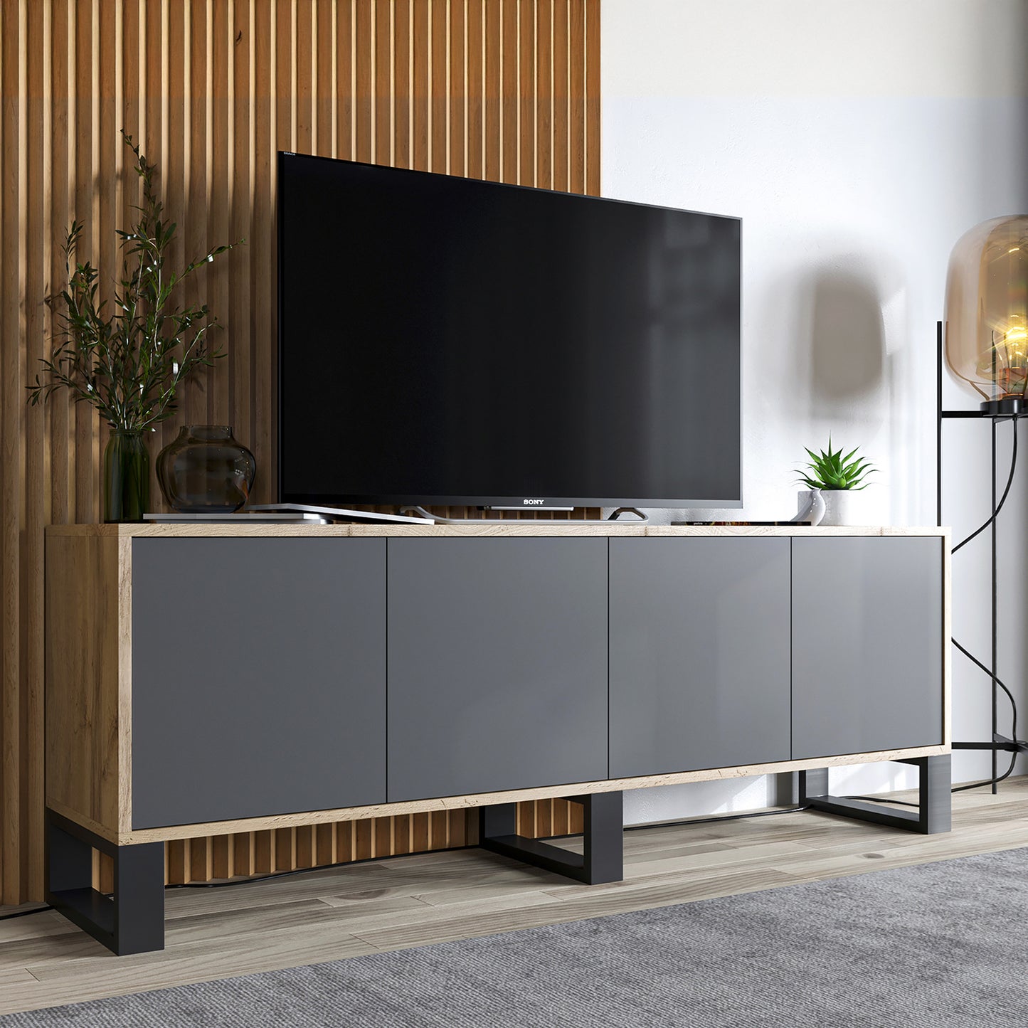 Apollo Modern TV Unit with 4-Door Design and Three Metal Legs – Grey / Oak Wotan