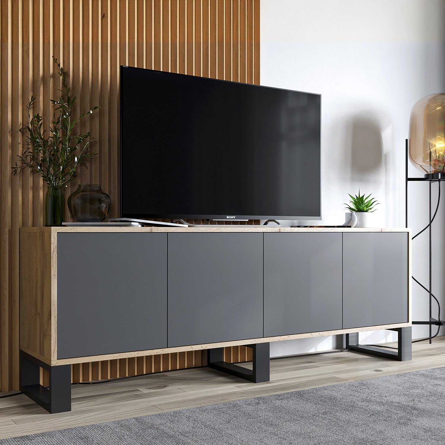 Apollo Modern TV Unit with 4-Door Design and Three Metal Legs – Grey / Oak Wotan