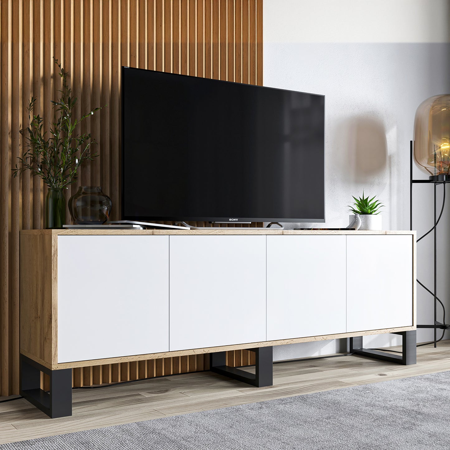 Apollo Modern TV Unit with 4-Door Design and Three Metal Legs – White / Oak Wotan