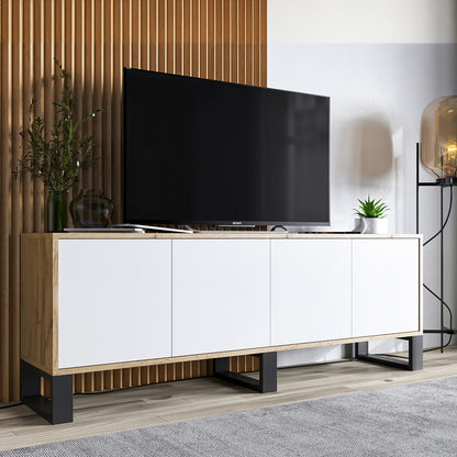 Apollo Modern TV Unit with 4-Door Design and Three Metal Legs – White / Oak Wotan