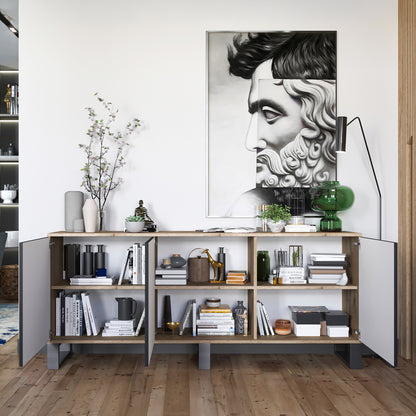 Apollo Modern Sideboard with 3-Door Design and Metal Legs – Black / Oak Wotan