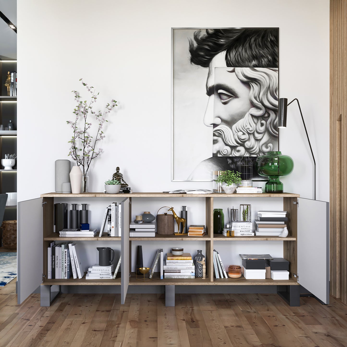 Apollo Modern Sideboard with 3-Door Design and Metal Legs – Grey / Oak Wotan