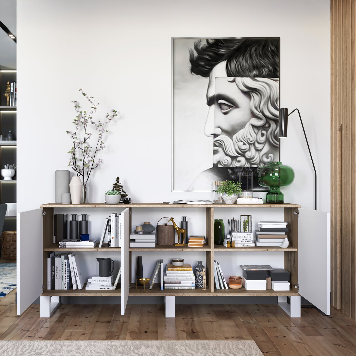 Apollo Modern Sideboard with 3-Door Design and Metal Legs – White / Oak Wotan