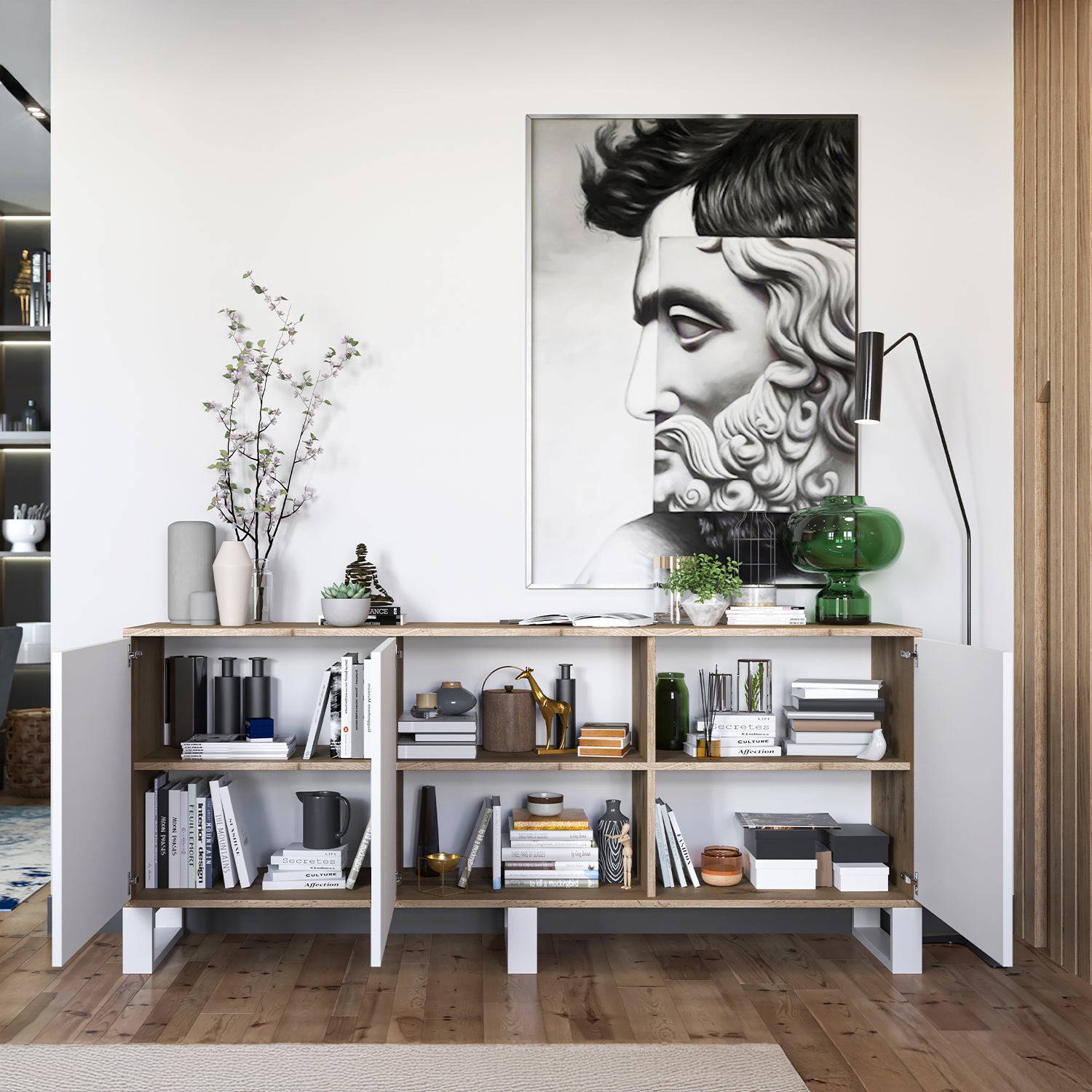 Apollo Modern Sideboard with 3-Door Design and Metal Legs – White / Oak Wotan