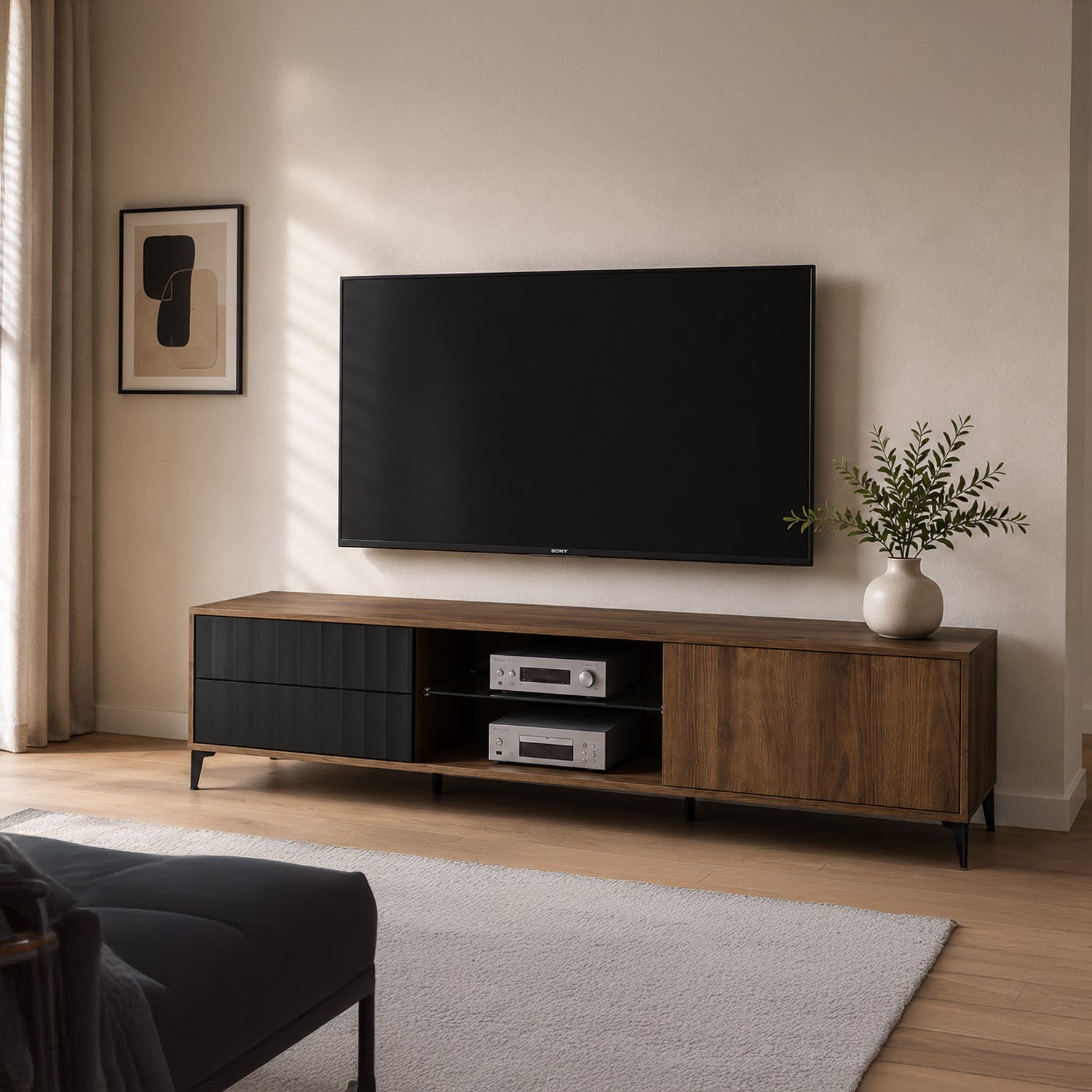 Rimini Premium TV Unit with Textured Drawer - Elegant Walnut / Black