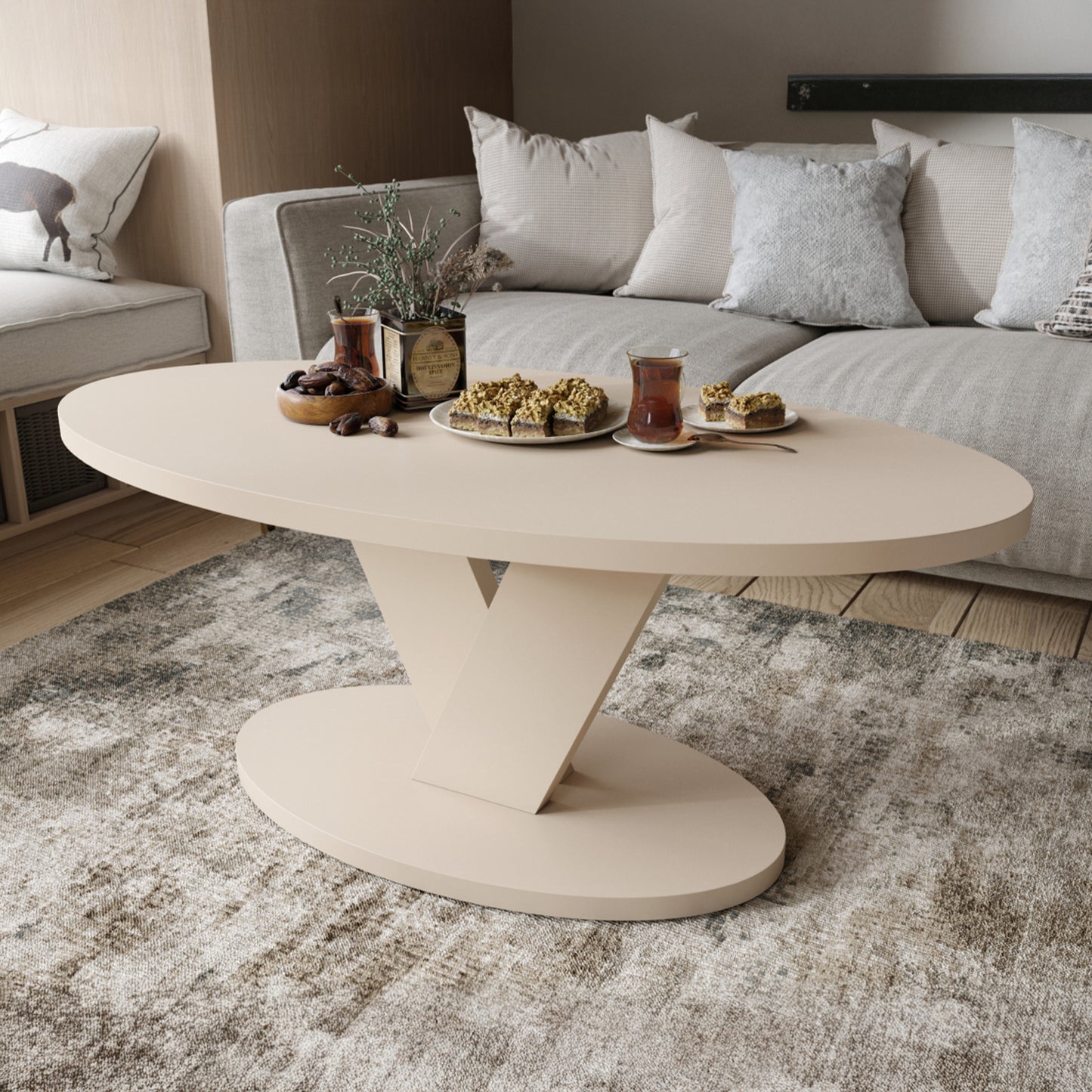 Lova Modern Coffee Table Oval Design - Beige