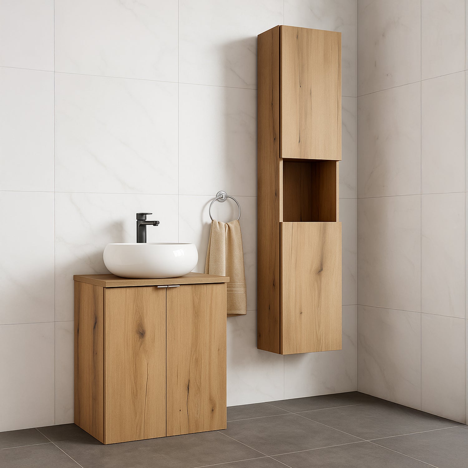 Dove Bathroom Vanity Cabinets Set with Round Worktop Basin 60cm and Tall Cabinet 2DT - Evoke Oak
