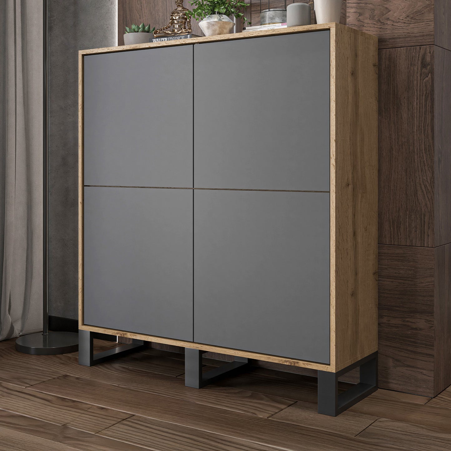 Apollo Modern Sideboard with 4-Door Design and Three Metal Legs – Grey / Oak Wotan