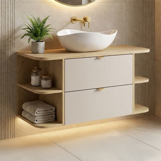 Dalia 2 Drawer Bathroom Cabinet Vanity Unit 100cm with Worktop, Two Rounded Open Shelves and Basin - Cashmere / Cremona Oak