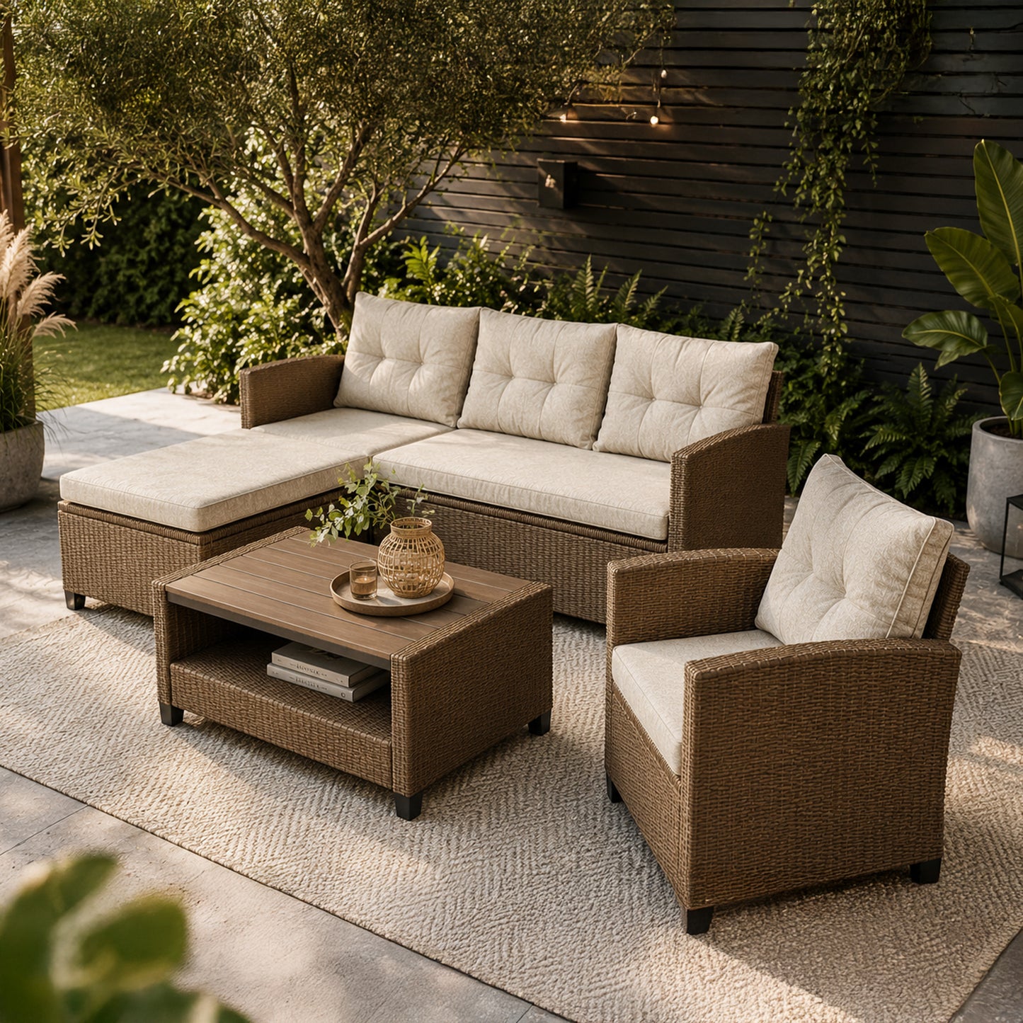 Bilbao Rattan Outdoor Corner Sofa Set with Coffee Table and Armchair - Brown / Beige