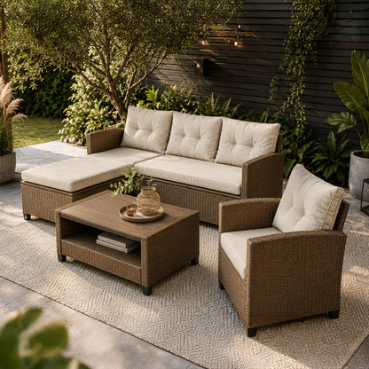 Bilbao Rattan Outdoor Corner Sofa Set with Coffee Table and Armchair - Brown / Beige