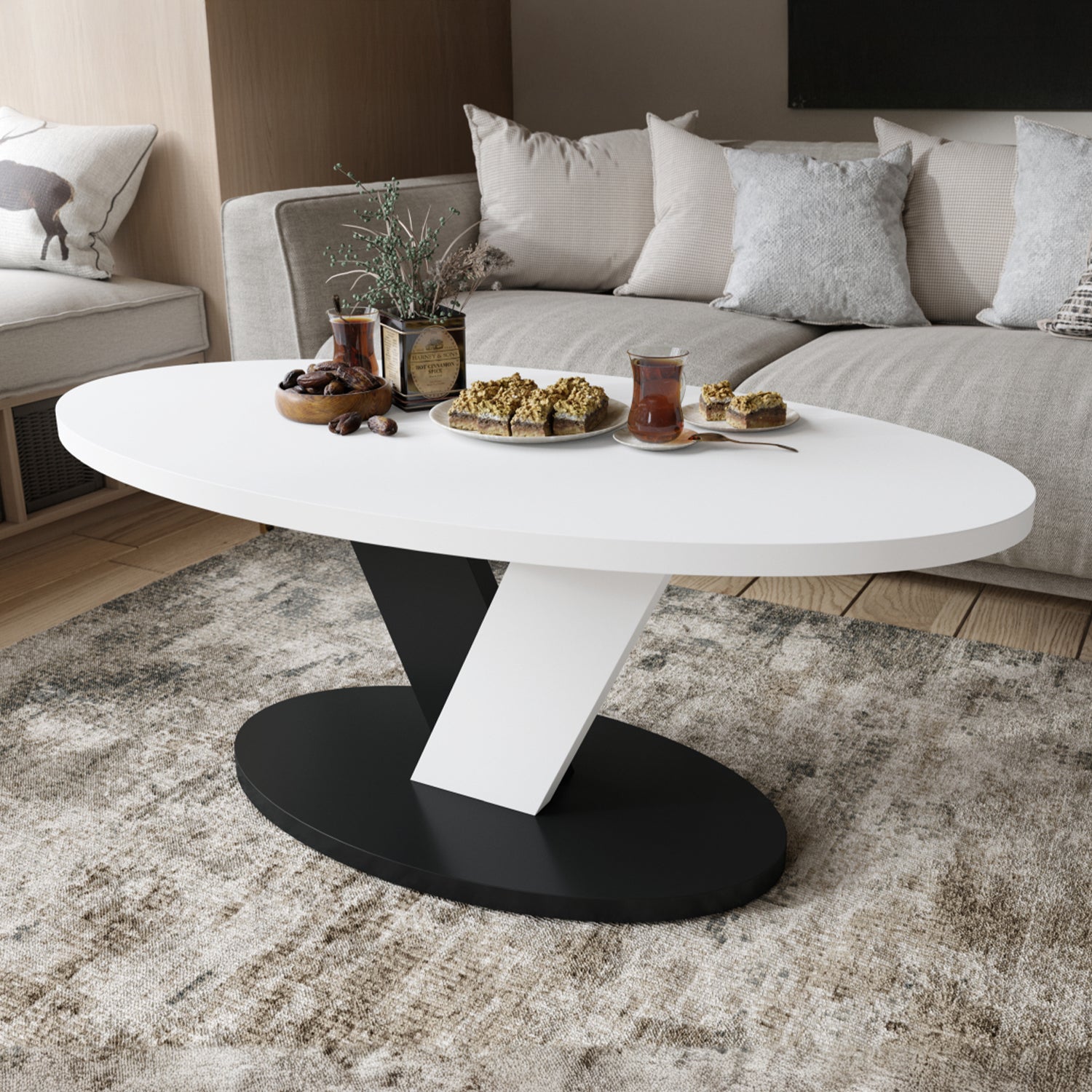 Lova Modern Coffee Table Oval Design - White / Black