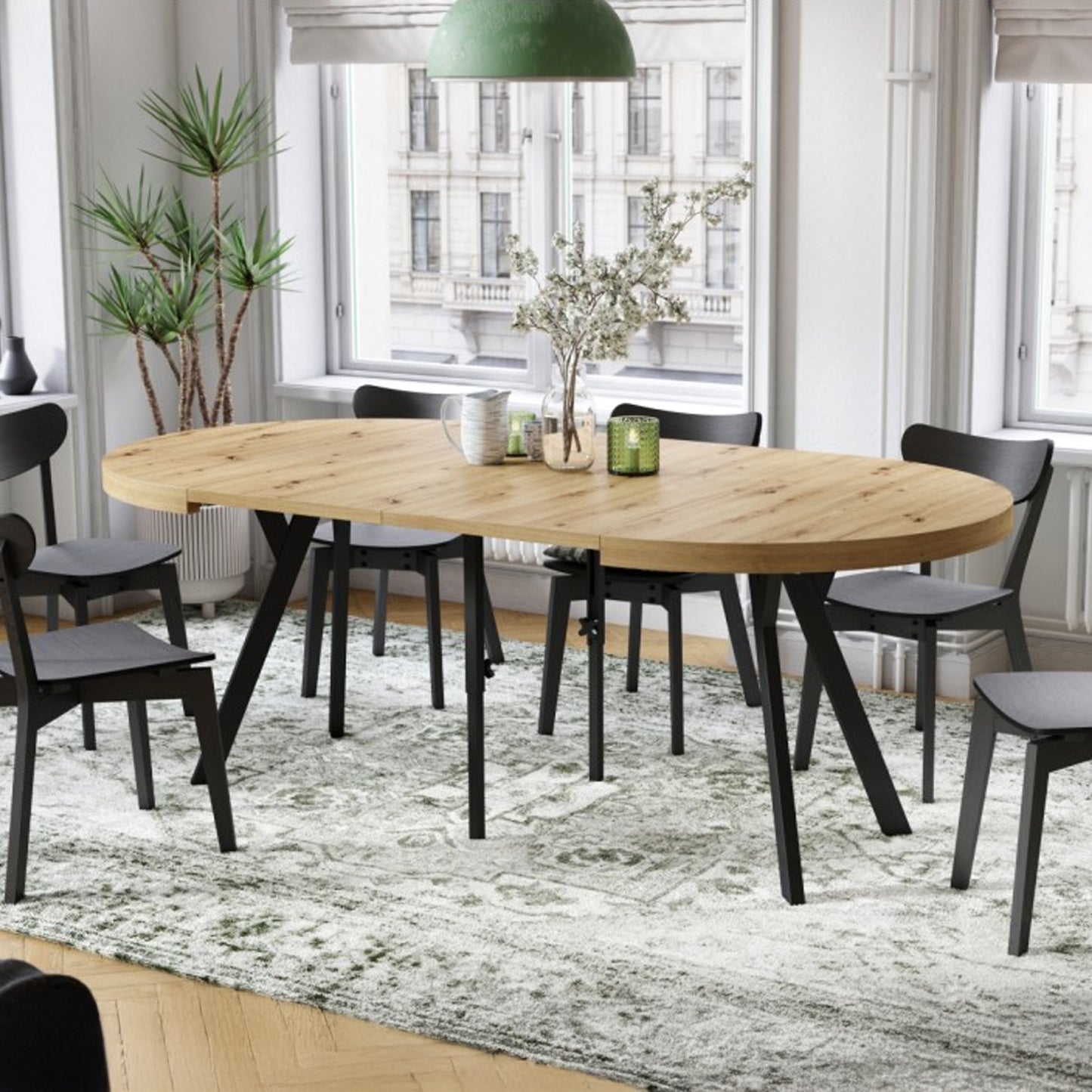 Expanso Round Extendable Dining Table with Y-Legs Loft - Artisan Oak / Black