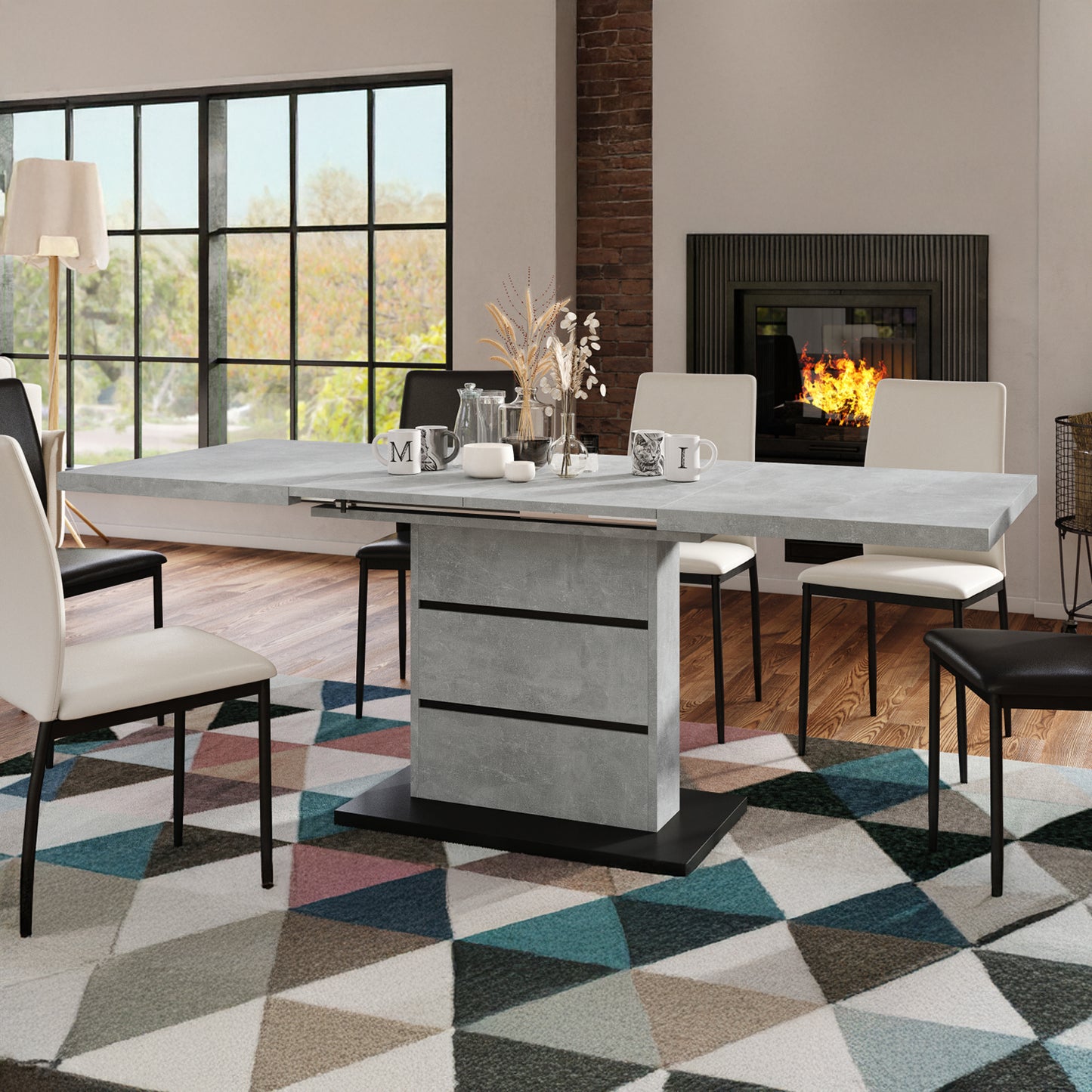 Piano Extendable Dining Table Modern Design - Concrete / Black