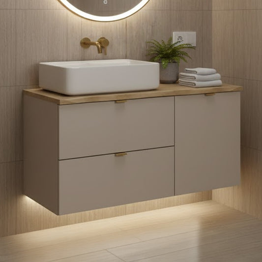 Dalia Bathroom Cabinet 100cm with Worktop, Laundry Basket Cabinet and Countertop Basin - Cashmere / Cremona Oak