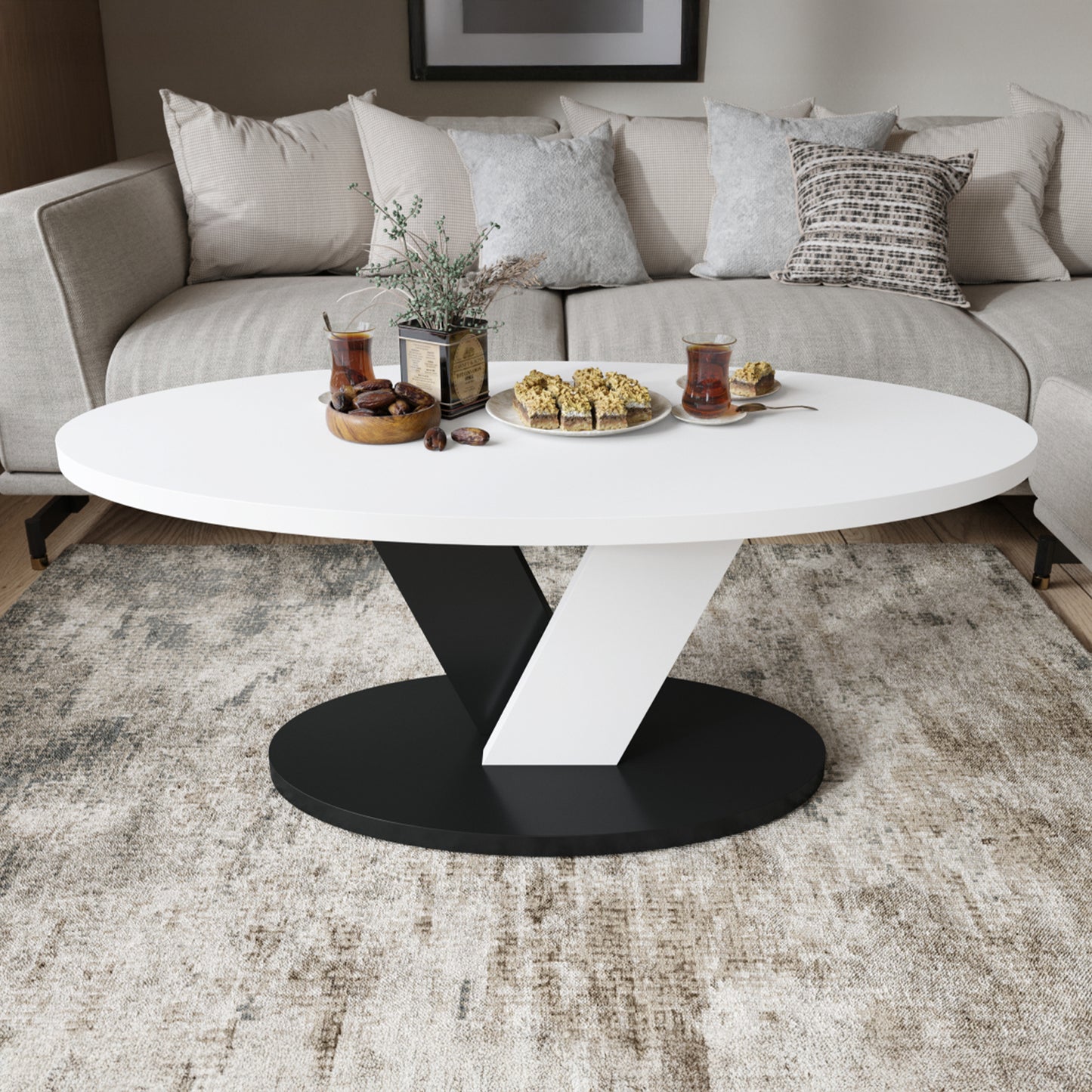 Lova Modern Coffee Table Oval Design - White / Black