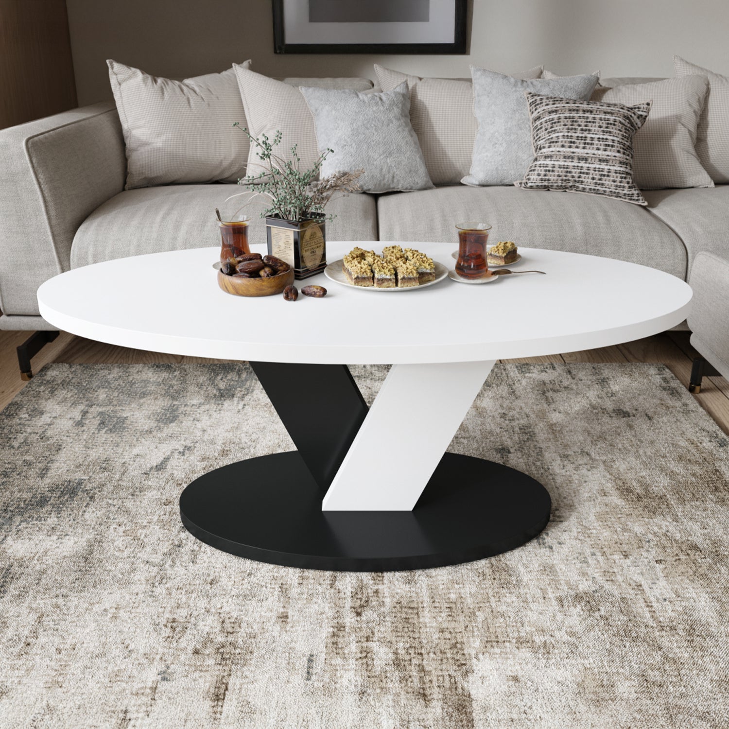 Lova Modern Coffee Table Oval Design - White / Black