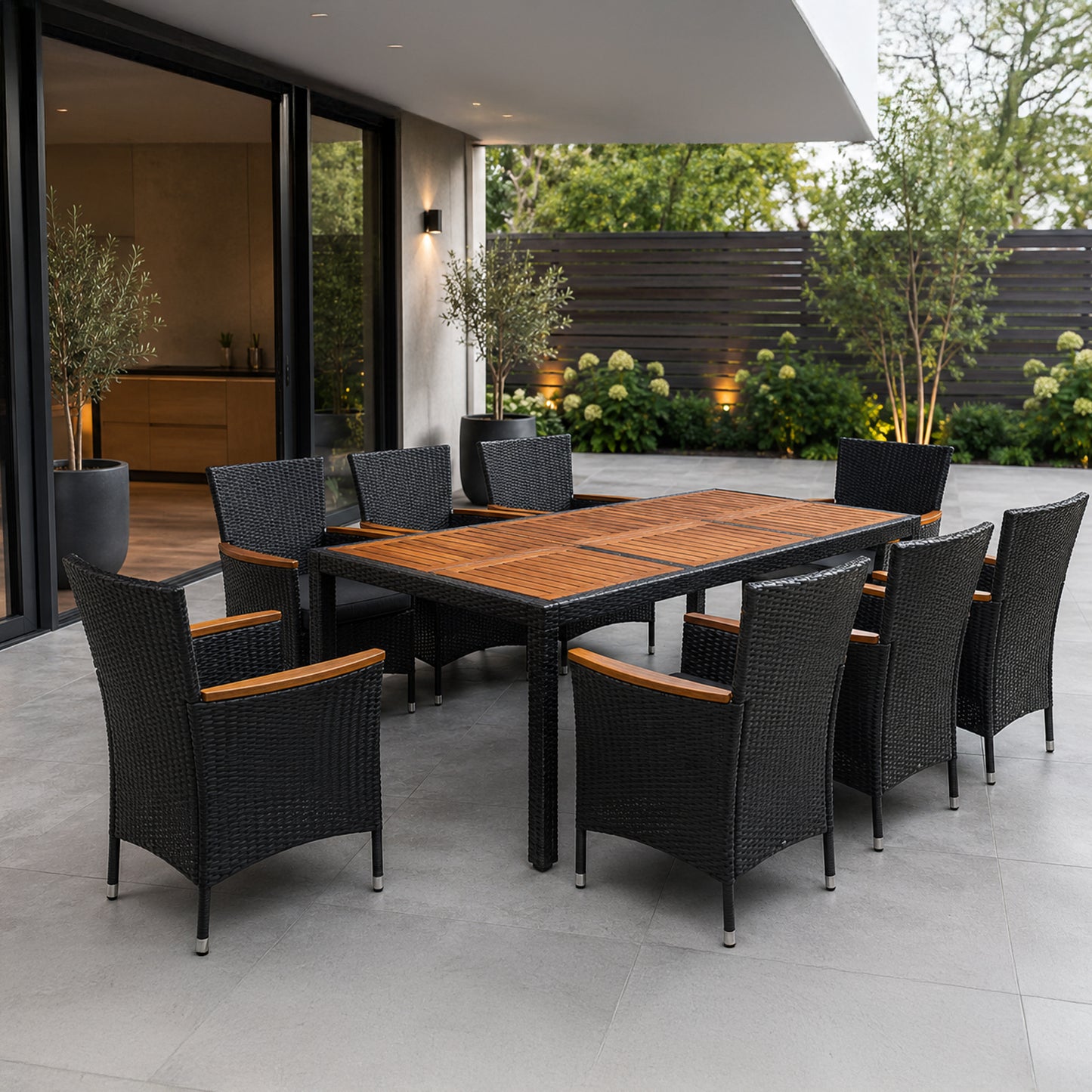 Kordoba Rattan Garden Furniture Set with Dining Table and 8 Chairs - Black / Oak