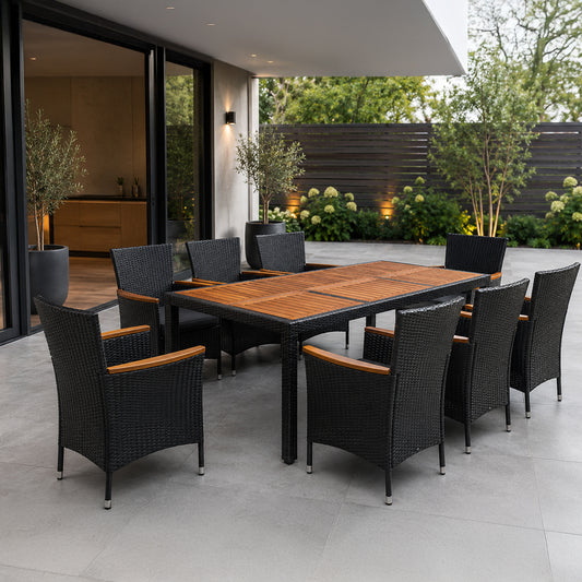 Kordoba Rattan Garden Furniture Set with Dining Table and 8 Chairs - Black / Oak