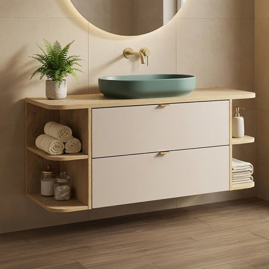 Dalia 2 Drawer Bathroom Cabinet Vanity Unit 120cm with Worktop, Two Rounded Open Shelves and Countertop Basin - Cashmere / Cremona Oak
