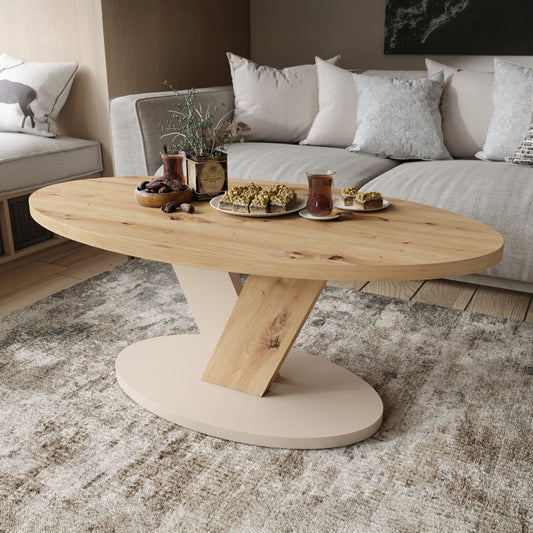 Lova Modern Coffee Table Oval Design - Artisan Oak / Beige