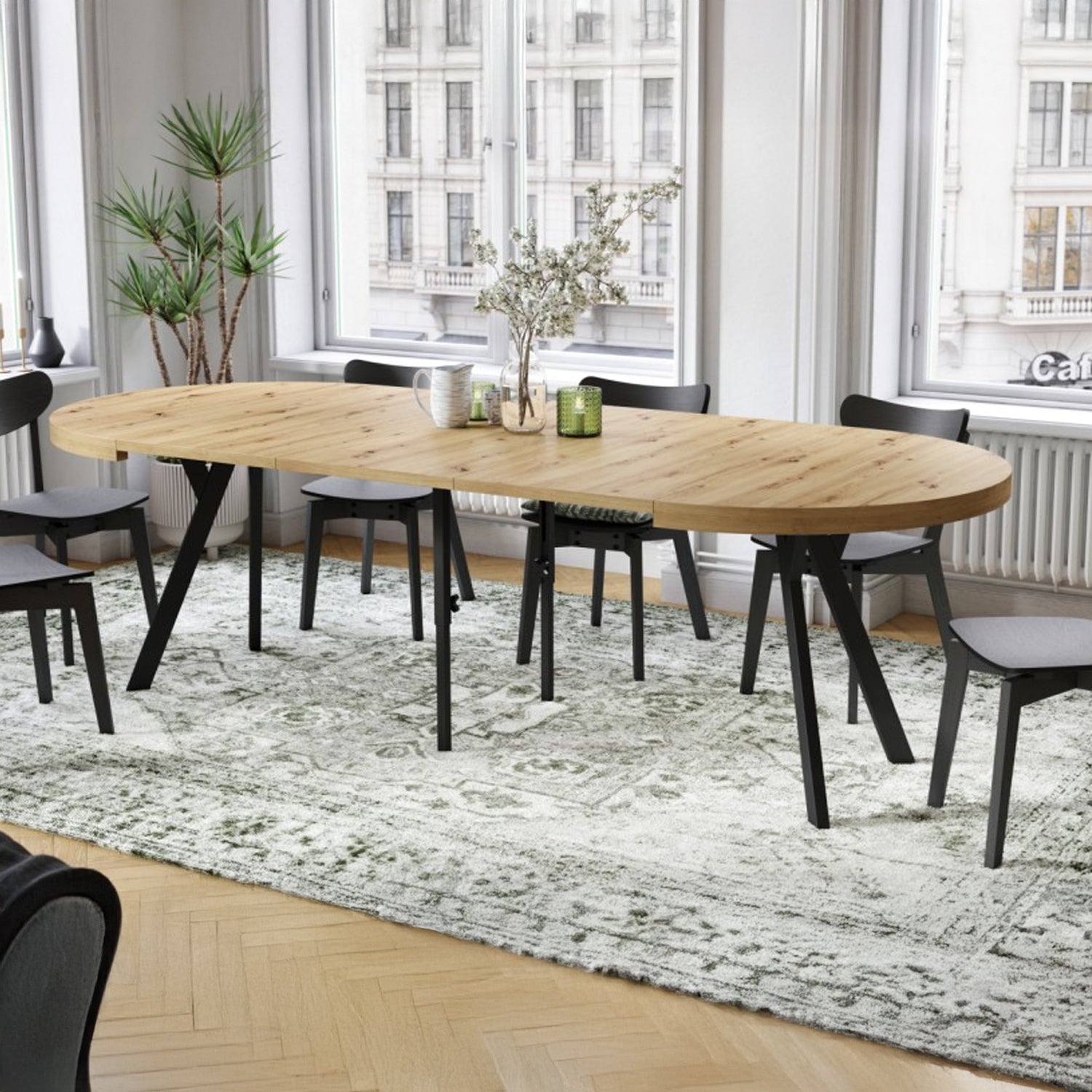 Expanso Round Extendable Dining Table with Y-Legs Loft - Artisan Oak / Black