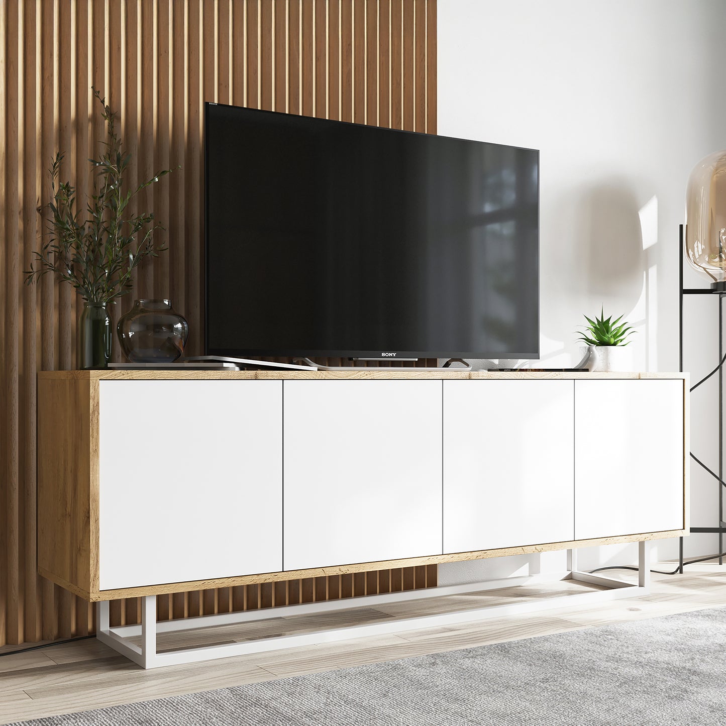 Apollo Modern TV Unit with 4-Door Design and Metal Base – White / Oak Wotan