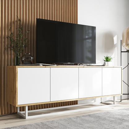 Apollo Modern TV Unit with 4-Door Design and Metal Base – White / Oak Wotan