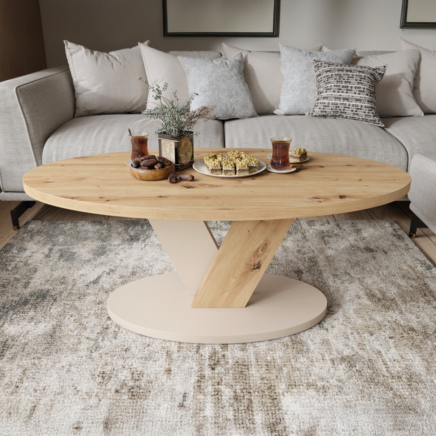 Lova Modern Coffee Table Oval Design - Artisan Oak / Beige