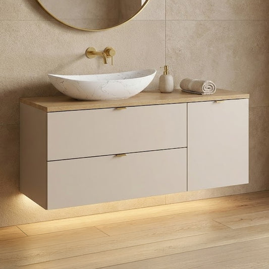 Dalia Bathroom Cabinet 120cm with Worktop, Laundry Basket Cabinet and Countertop Basin - Cashmere / Cremona Oak