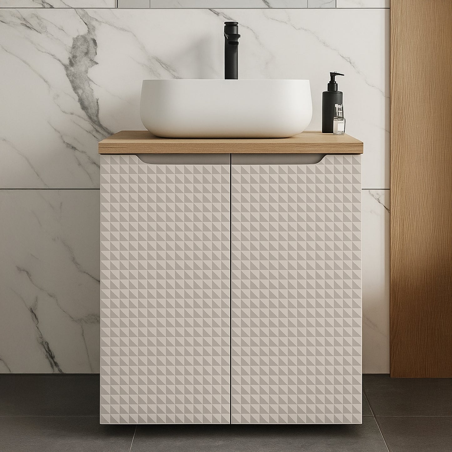 Luxor 3D Diamond Pattern 2 Door Bathroom Vanity Cabinet with Square Worktop Basin 60cm - Oak / Beige