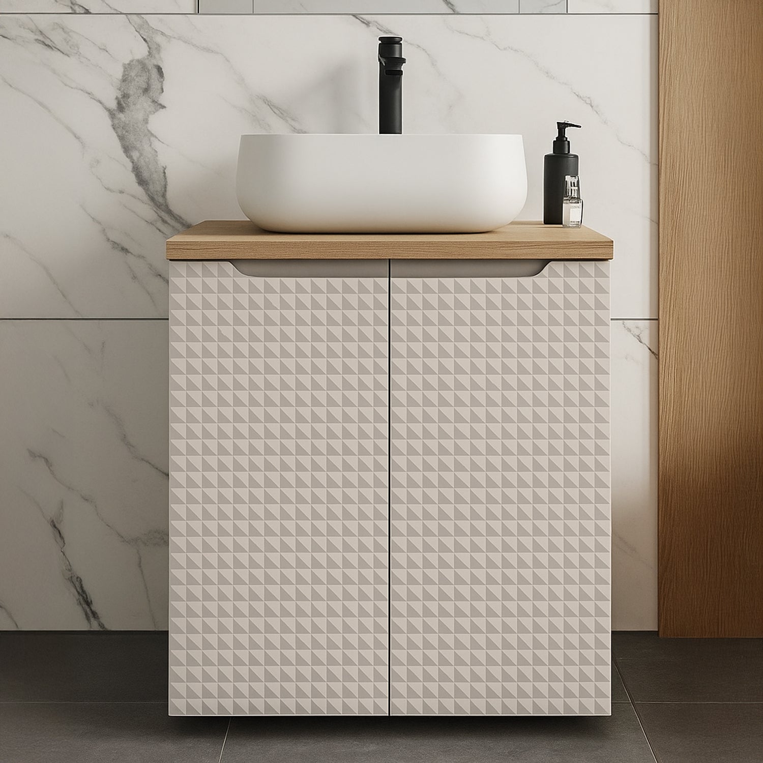 Luxor 3D Diamond Pattern 2 Door Bathroom Vanity Cabinet with Square Worktop Basin 60cm - Oak / Beige