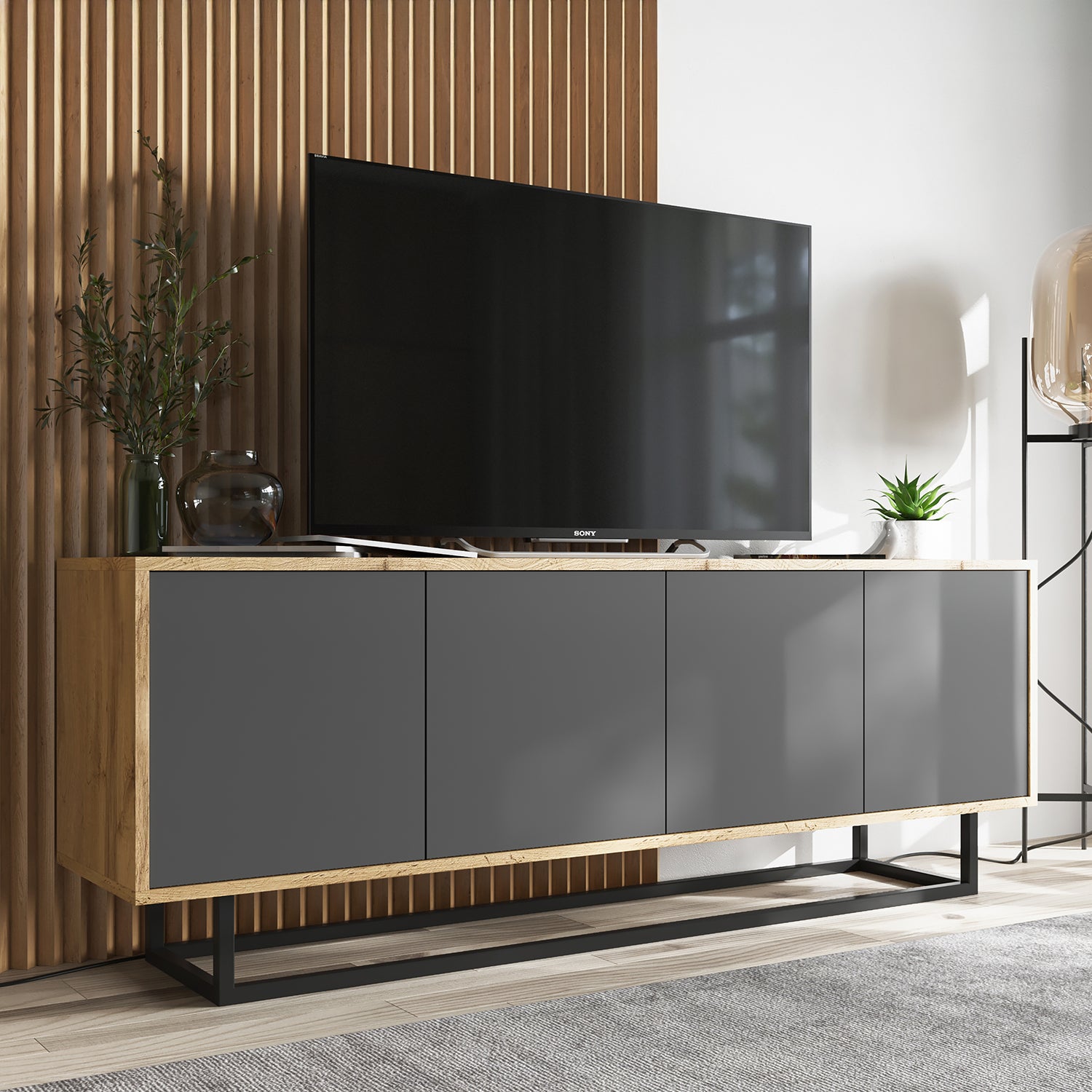 Apollo Modern TV Unit with 4-Door Design and Metal Base – Grey / Oak Wotan