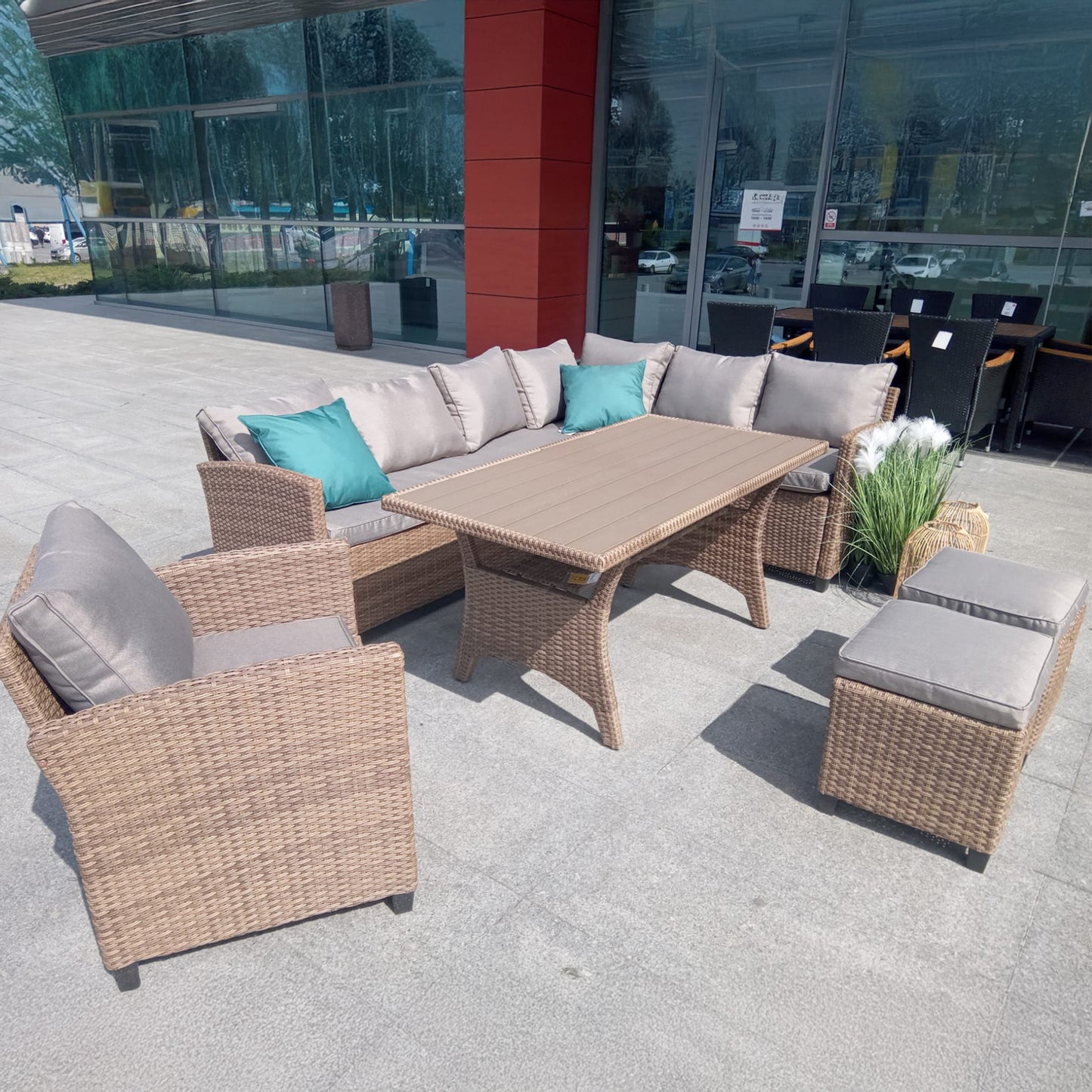 Barcelona Rattan Effect Outdoor Sofa Set with Table, Armchair and Two Cushioned Stools - Brown