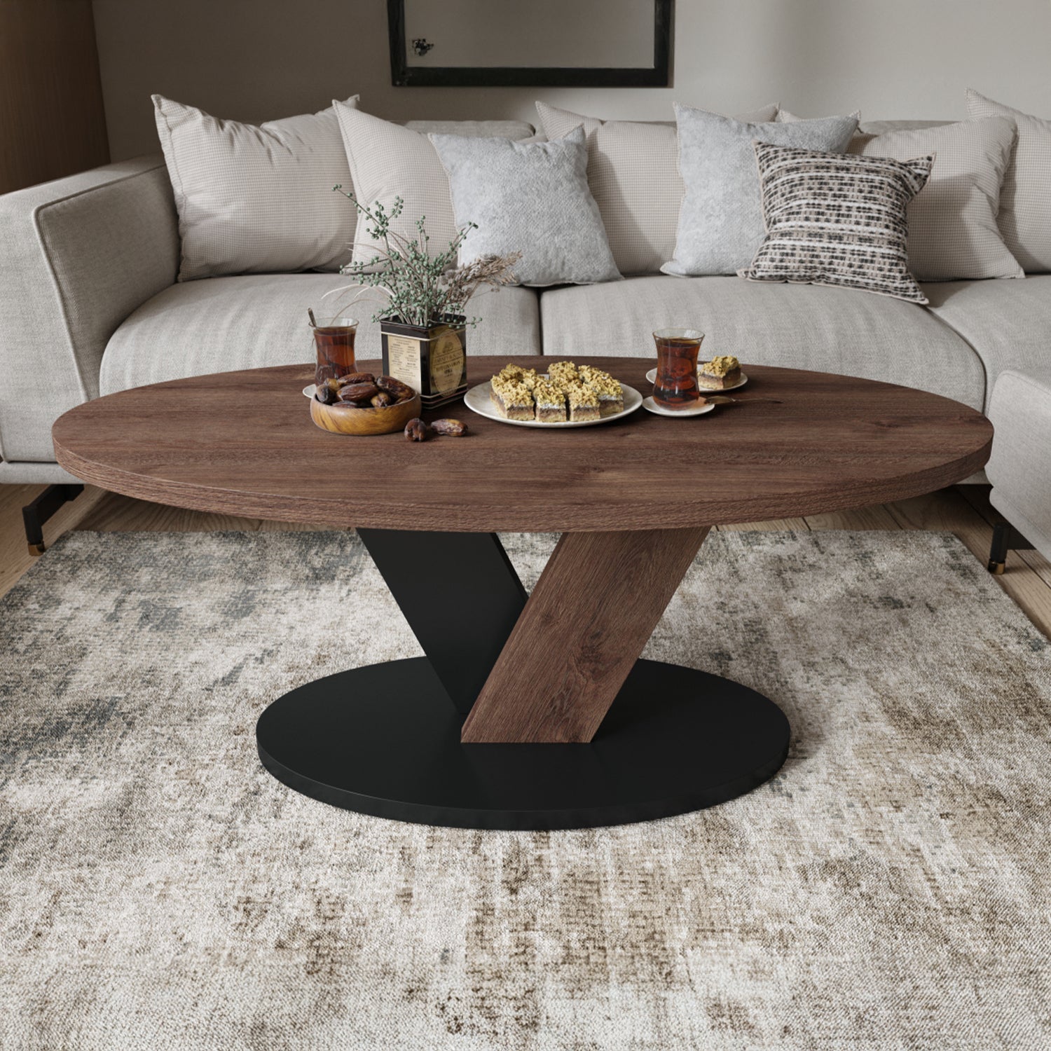 Lova Modern Coffee Table Oval Design - Brown Oak / Black