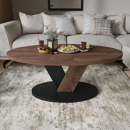 Lova Modern Coffee Table Oval Design - Brown Oak / Black