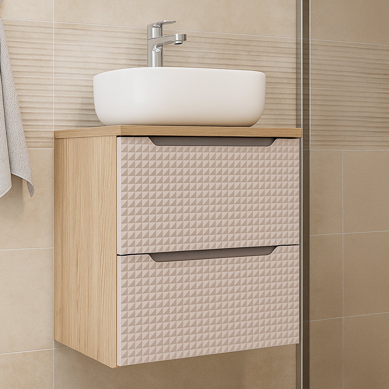 Luxor 3D Diamond Pattern 2 Drawer Bathroom Vanity Cabinet with Square Worktop Basin 60cm - Oak / Beige