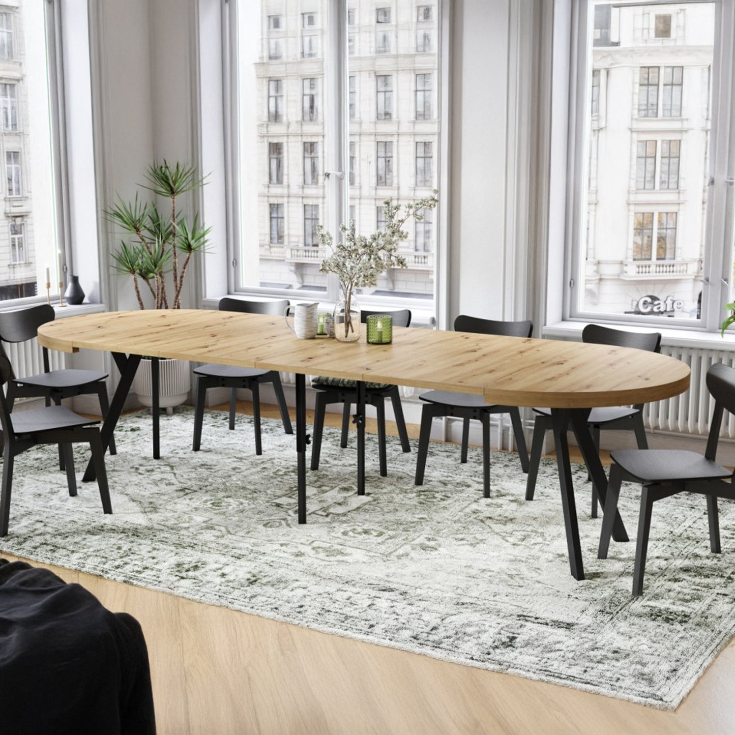 Expanso Round Extendable Dining Table with Y-Legs Loft - Artisan Oak / Black